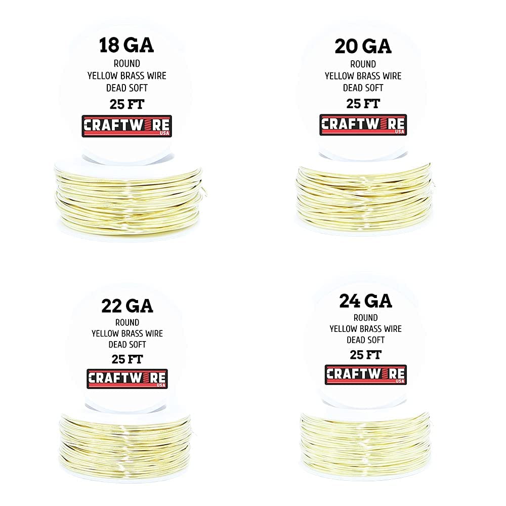 Assorted Yellow Brass Solid Bare Metal Wire Round, Bright, Dead Soft, 25 FT, Choose from 18 to 24 Gauge